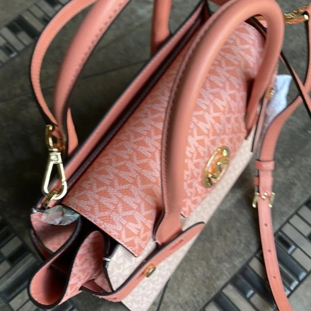 Michael Kors Carmen Medium Color-Block Logo Flap Satchel Sherbert